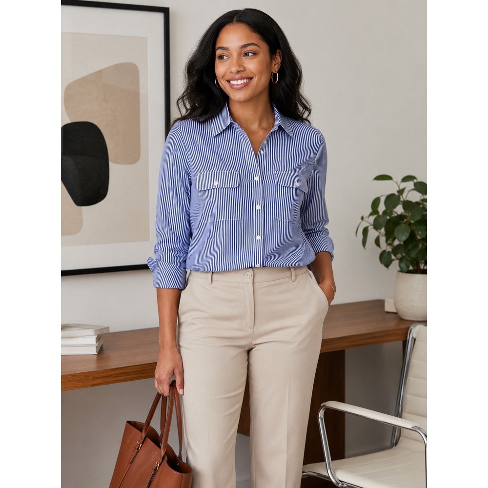 Notations Blue White Striped Button Down Shirt Long Sleeve Pockets MSTB1426 S